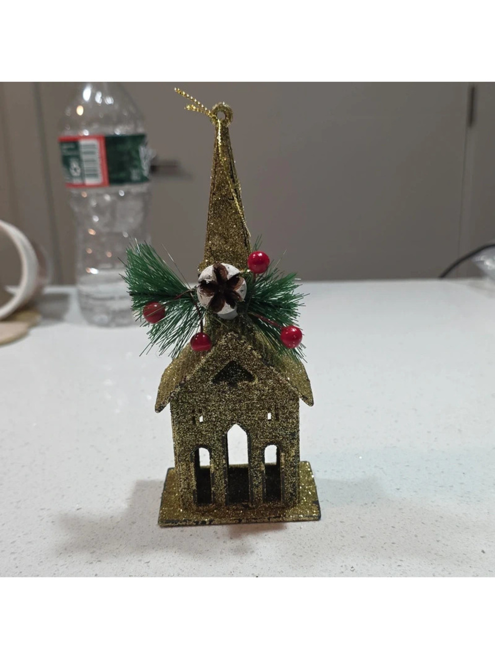 Gold Glitter Church Christmas Ornament with Pine and Red Berry Accents